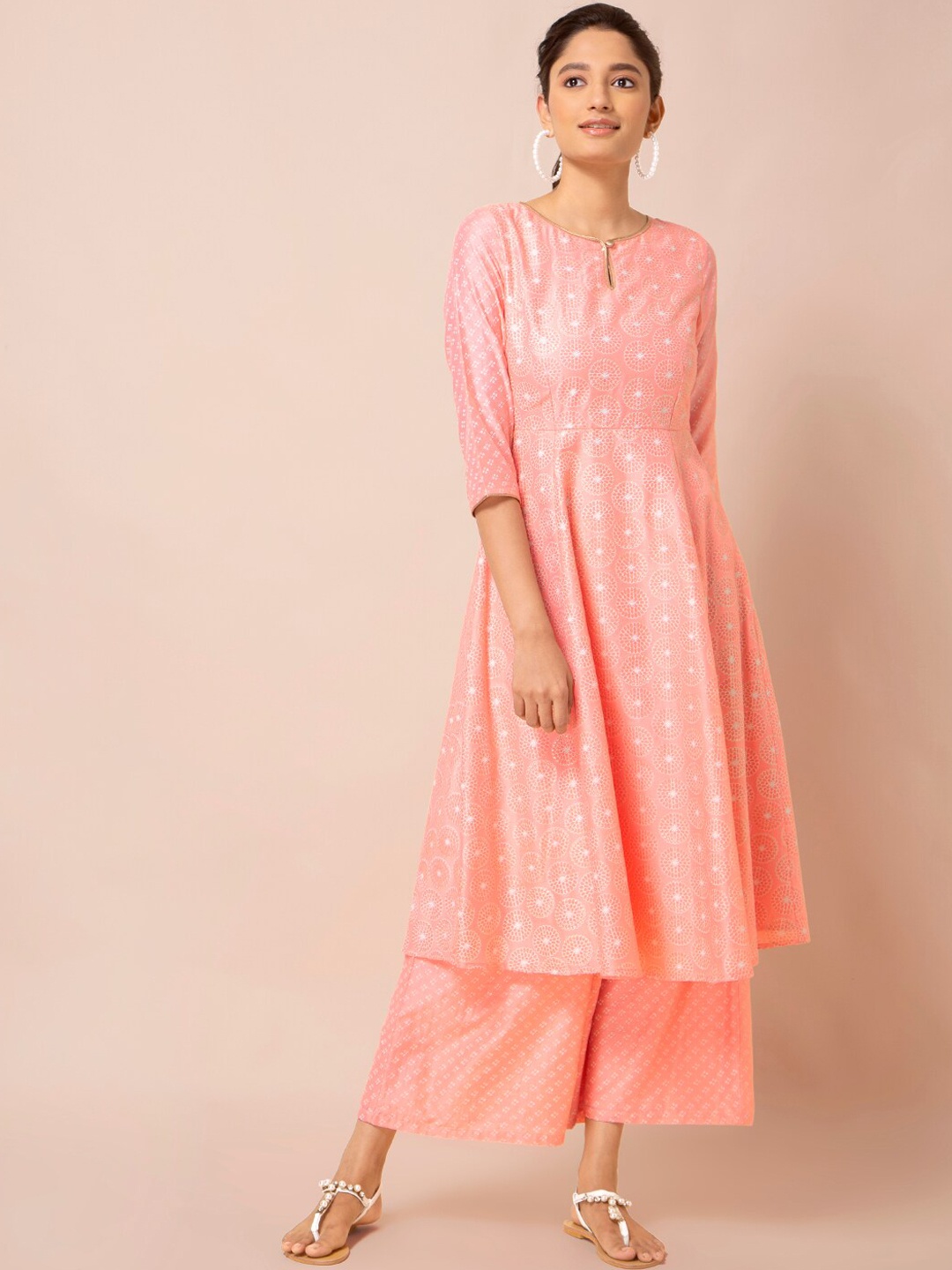 

INDYA Peach Circular Foil Anarkali Tunic