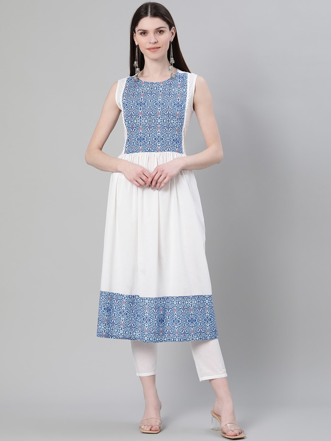 

ZIYAA Women White & Blue Yoke Design Anarkali Kurta