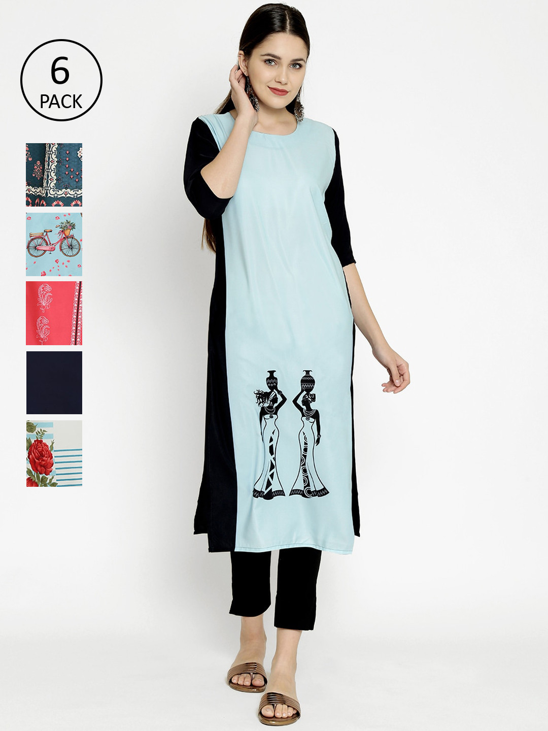 

7Threads Pack of 6 Quirky Printed Crepe Kurta, Multi