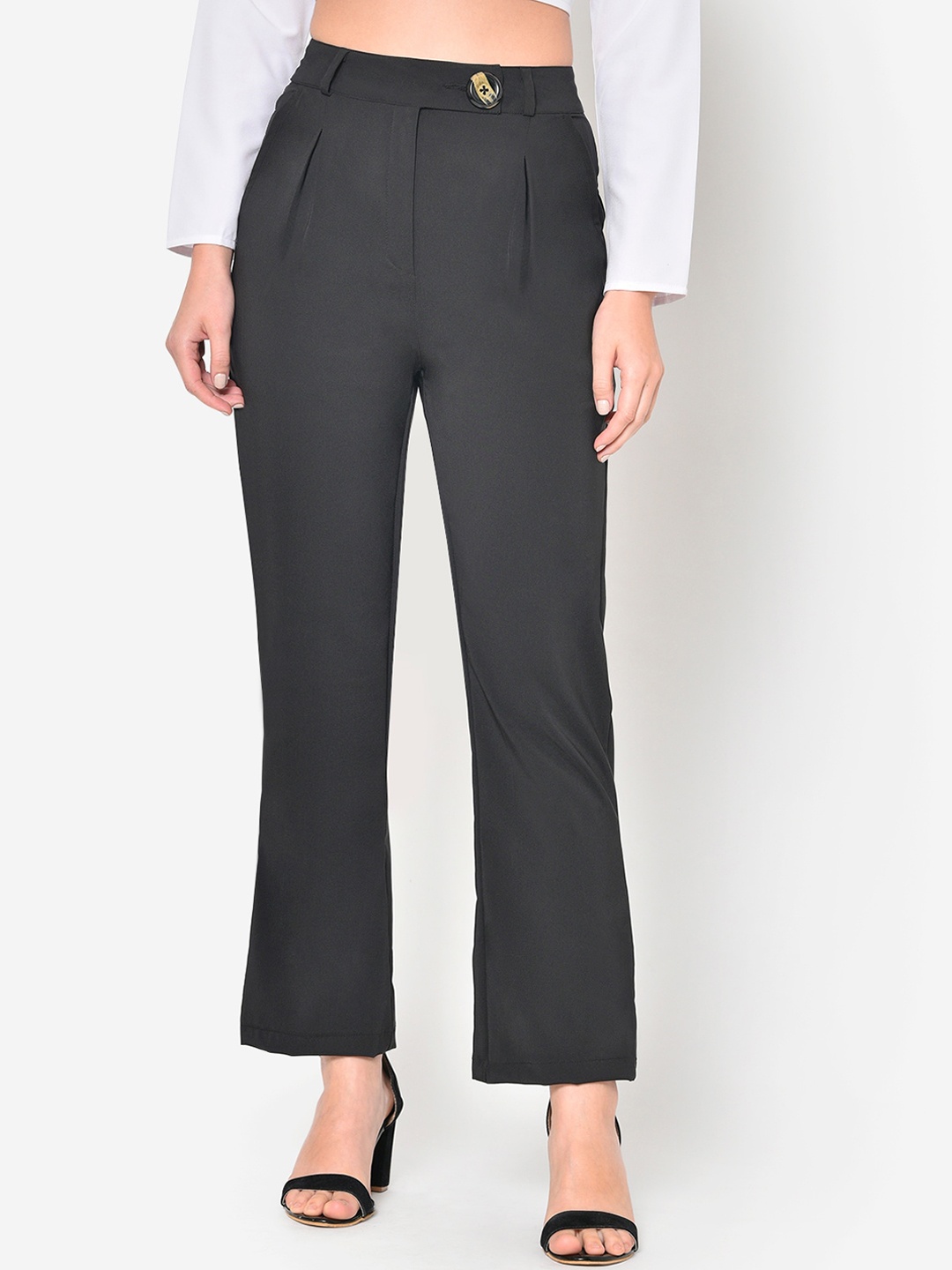 

Martini Women Charcoal Grey Solid Regular Trousers, Black
