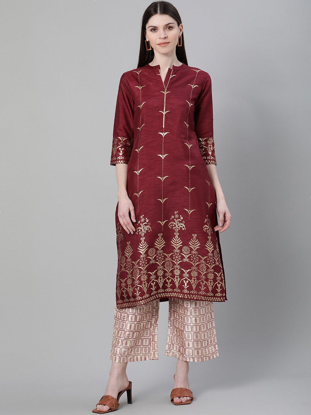 

ZIYAA Women Maroon Woven Design Straight Kurta