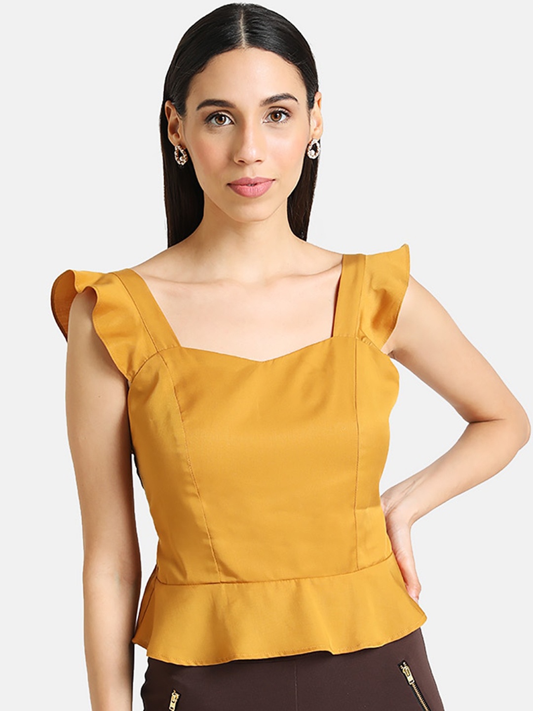 

Kazo Mustard Yellow Sweetheart Neck Peplum Top
