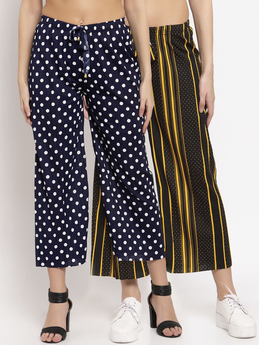 

KLOTTHE Women Yellow & Navy Blue Striped Wide Leg Palazzos Set of 2