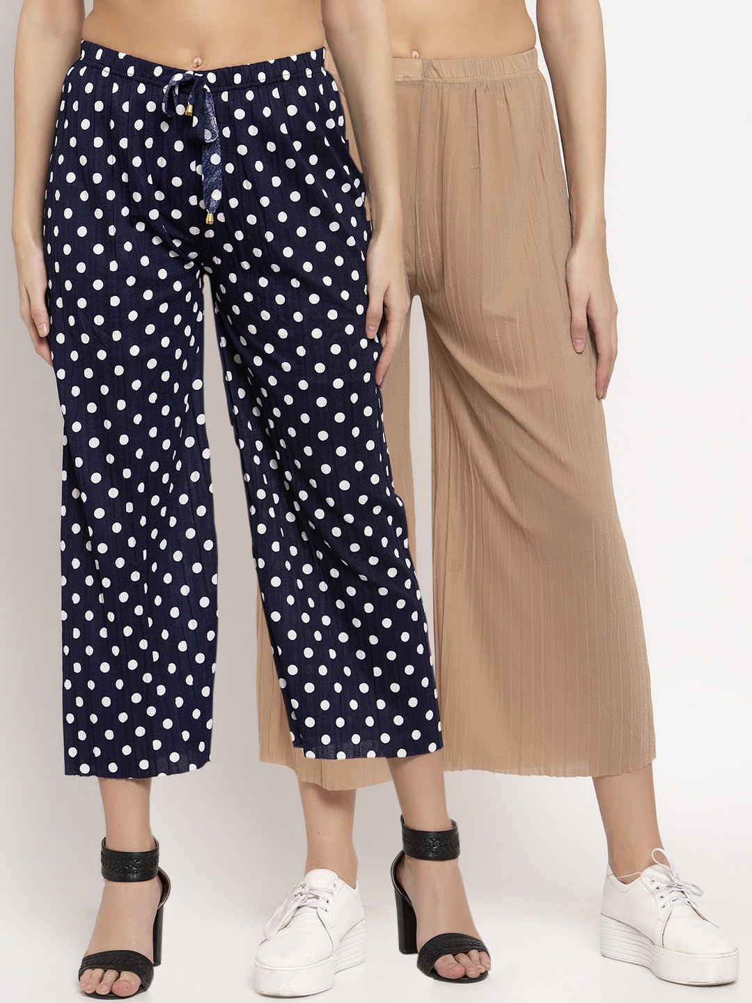 

KLOTTHE Women Pack of 2 Solid Wide Leg Palazzos, Beige