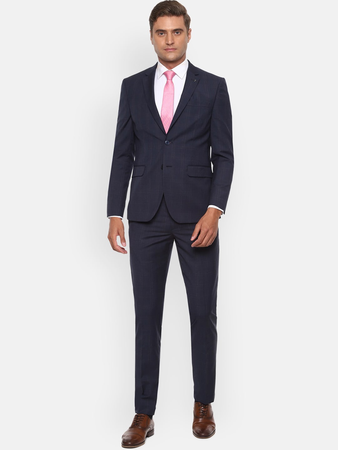 

Van Heusen Men Navy Blue Checked Slim-Fit Single-Breasted Formal Suit
