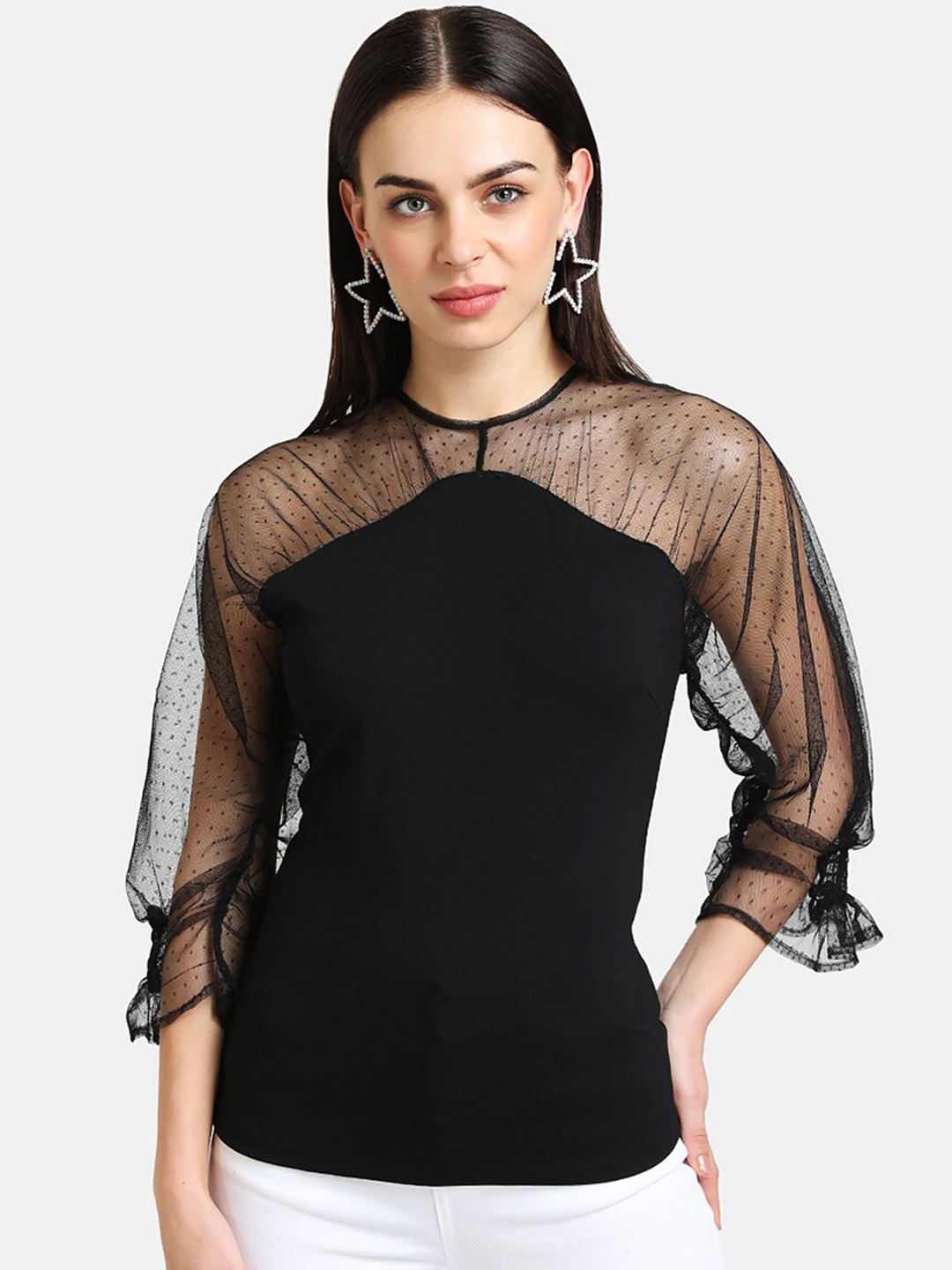 

Kazo Women Black Self Design Bell Sleeves Fitted Top