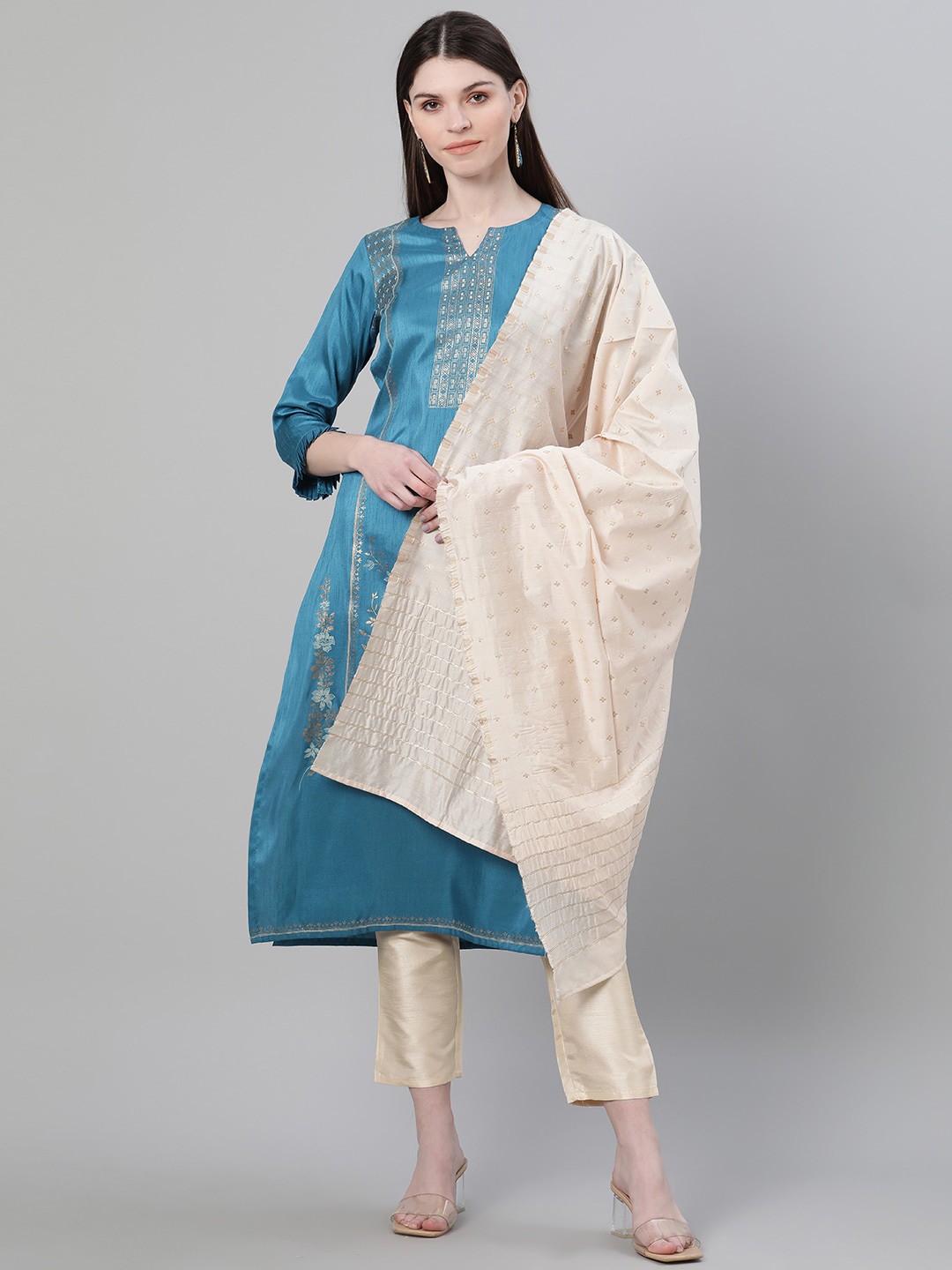

ZIYAA Women Blue & Cream-Coloured Woven Design Kurta with Trousers & Dupatta