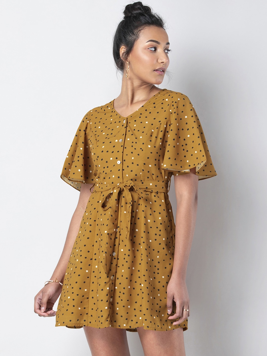 

FabAlley Women Yellow Printed Fit and Flare Dress