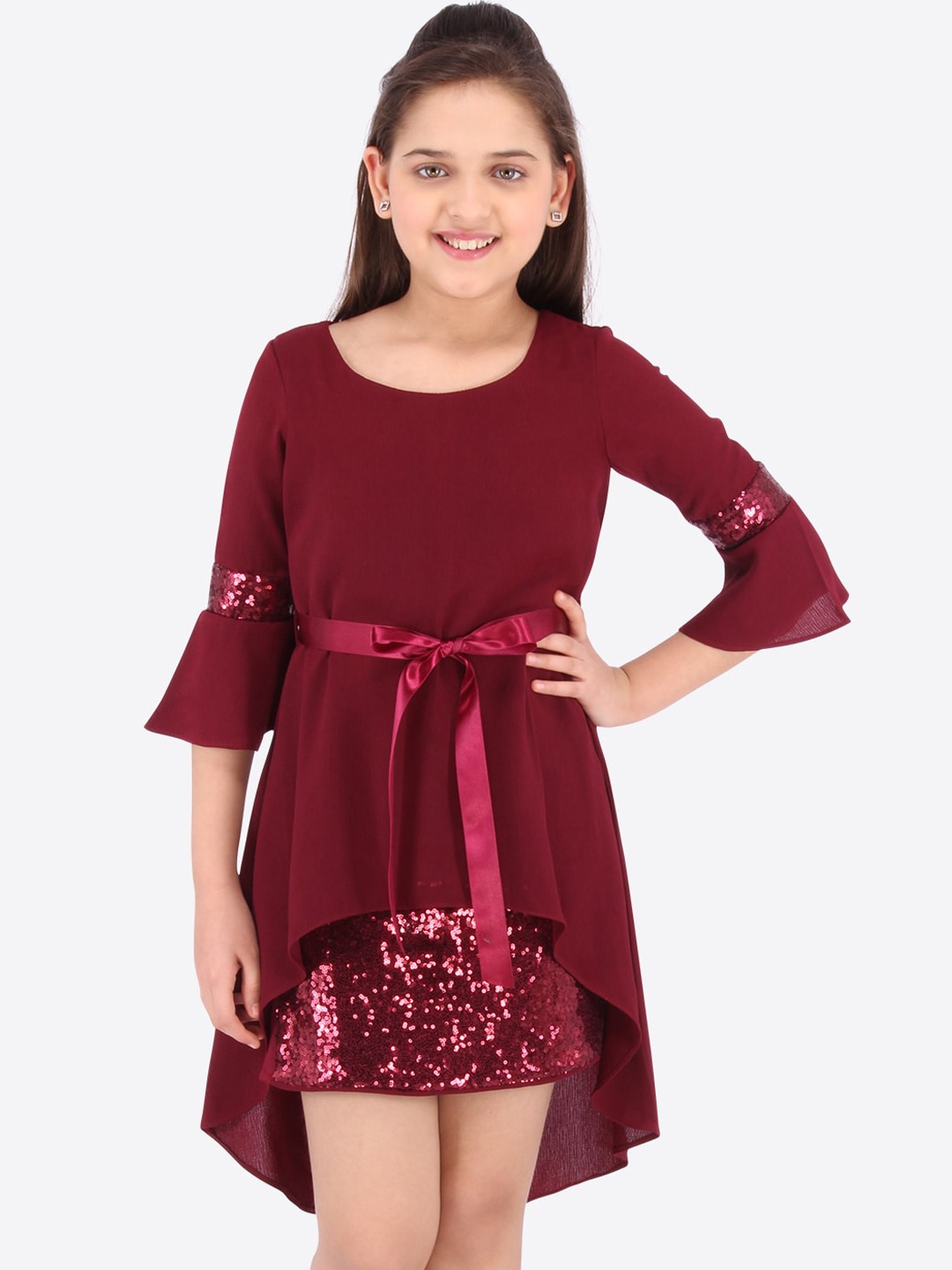 

CUTECUMBER Girls Maroon Solid Fit and Flare Dress