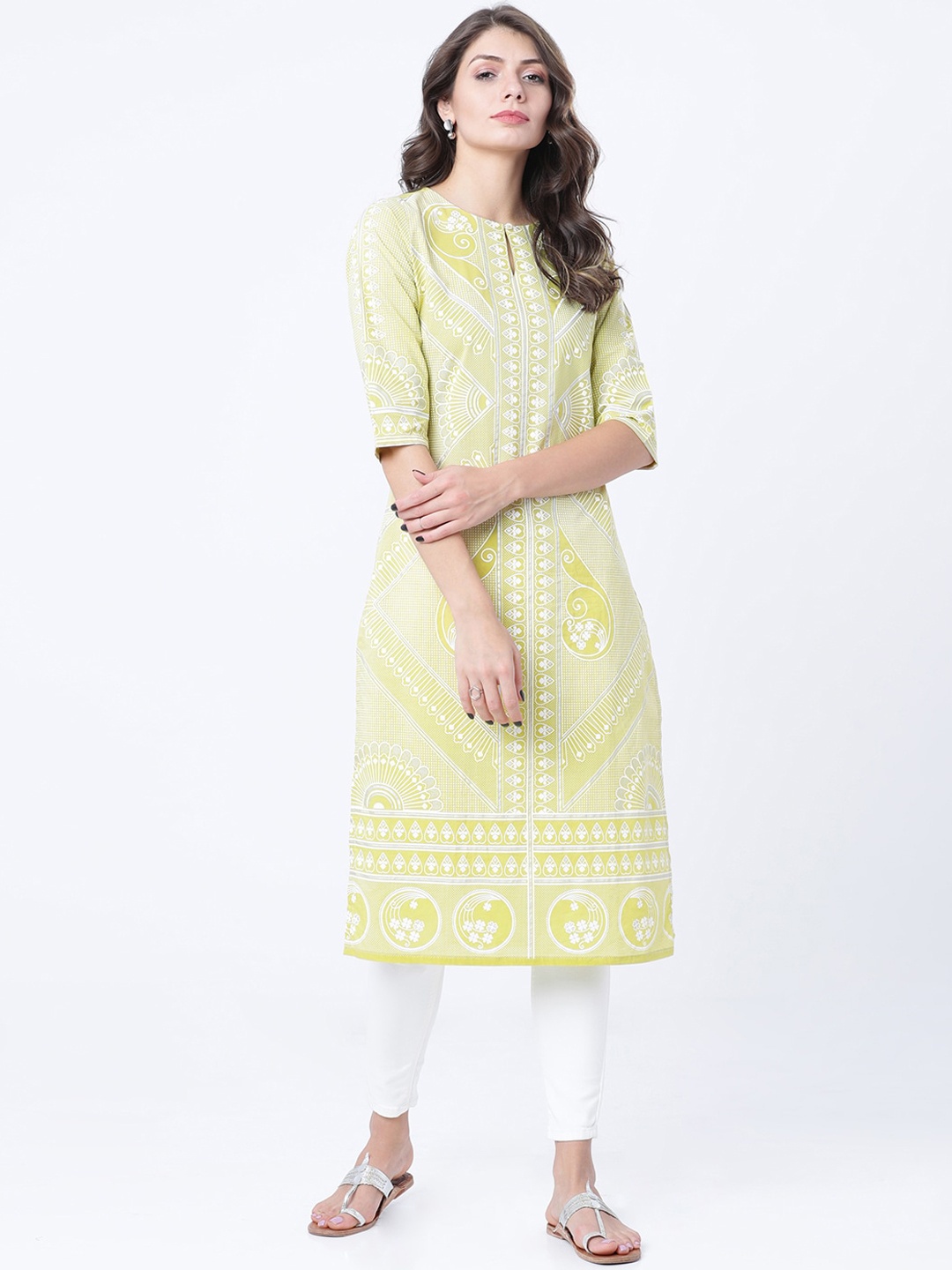 

Vishudh Women Lime Green Ethnic Motifs Printed Keyhole Neck Kurta