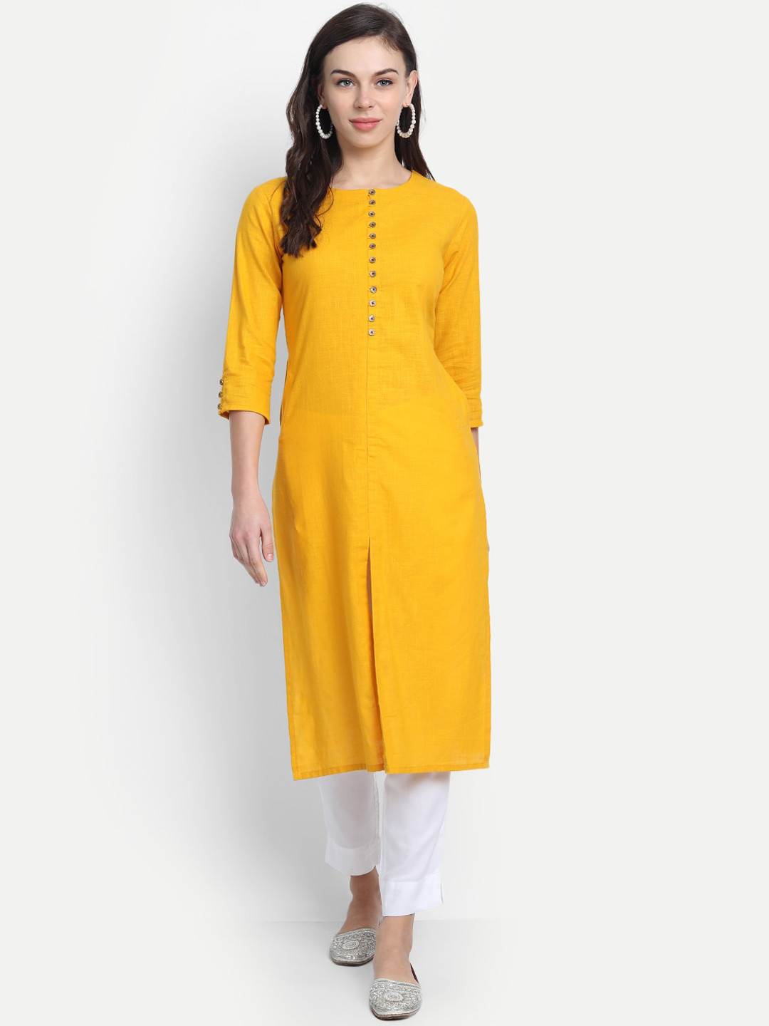 

fabGLOBAL Mustard Yellow Solid Handloom Kurta