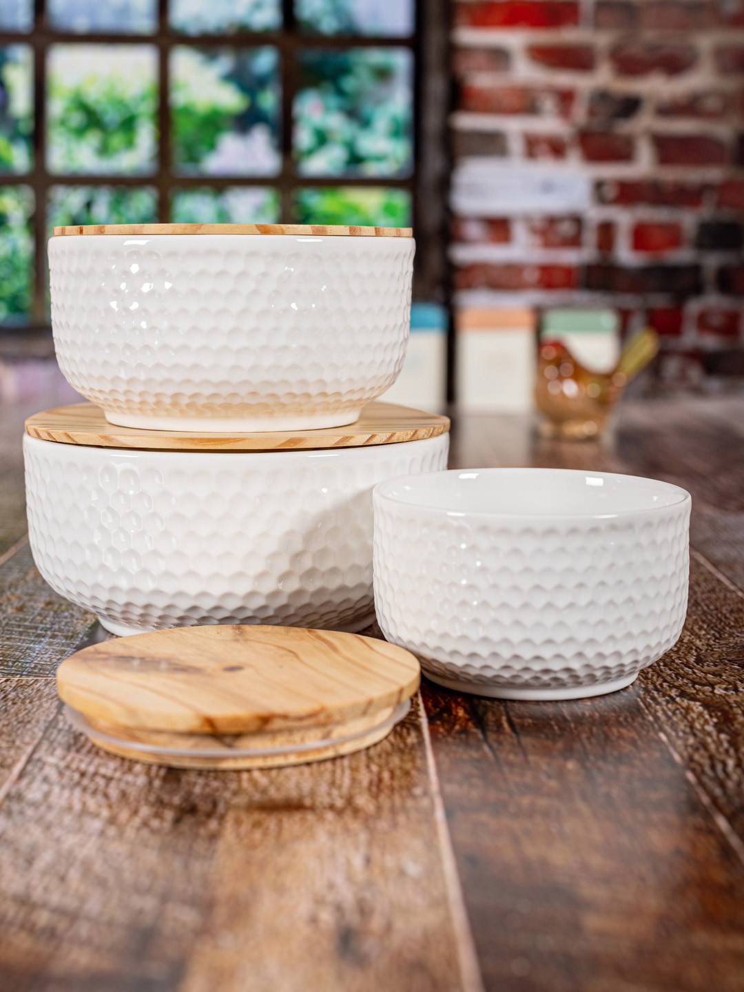 

White Gold Set Of 3 White & Tan-Brown Textured Airtight Porcelain Food Containers With Lid