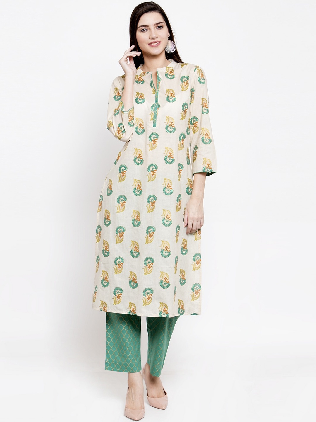 

The Kurta Express Women Green & Cream-Coloured Printed Kurta with Trousers