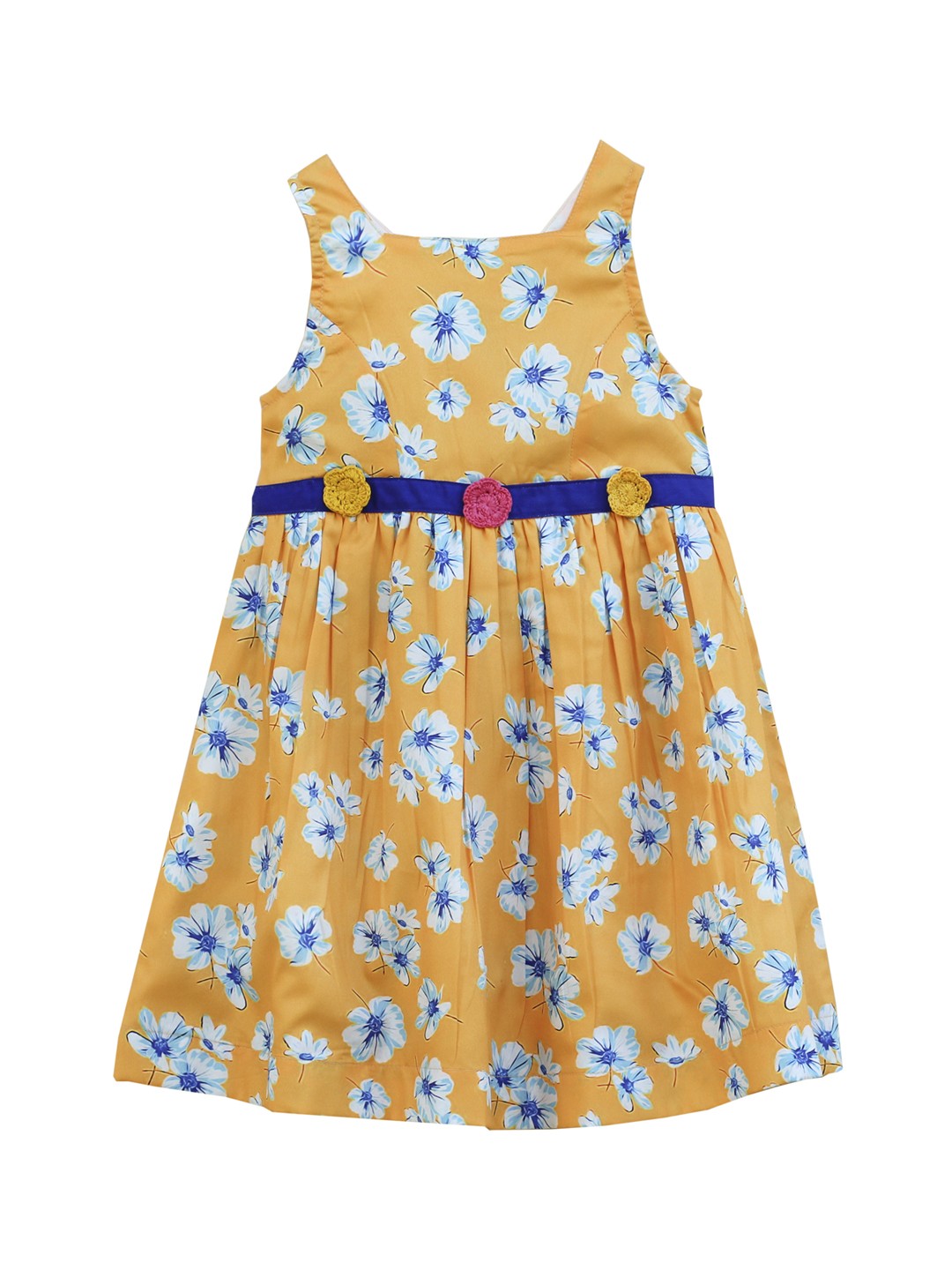 

My Little Lambs Girls Mustard Yellow & Turquoise Blue Floral Printed A-Line Dress