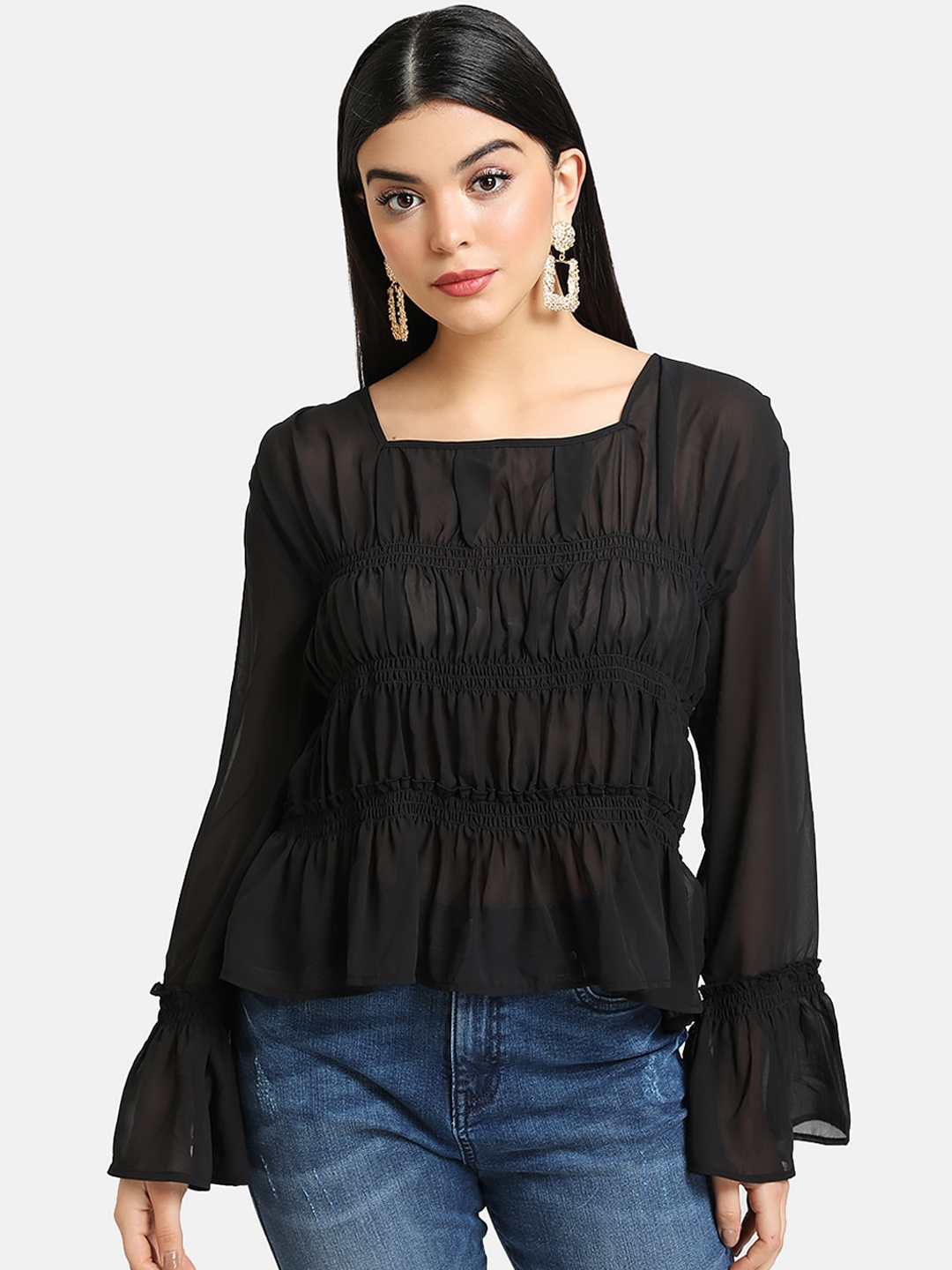 

Kazo Women Black Solid Flared Sleeves Smocked Fitted Top