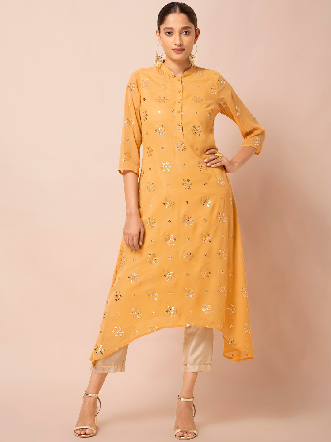 

INDYA Yellow Mirror Work High Low Kurta