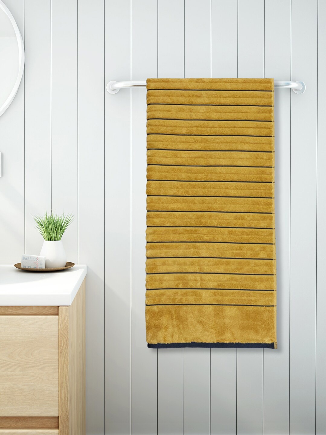 

SPACES Unisex Mustard Yellow & Navy Blue Striped 380 GSM Bath Towel