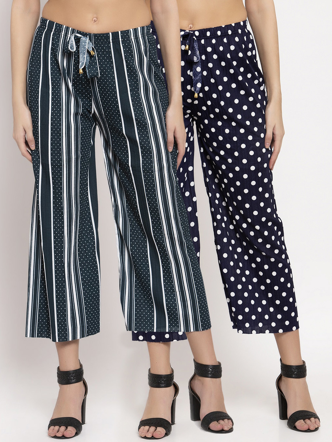 

KLOTTHE Women Pack Of 2 Navy Blue & Green Printed Wide Leg Palazzos