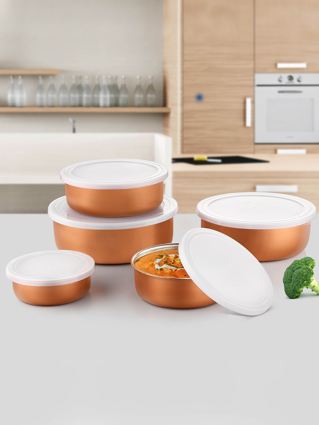

Jensons Set of 5 Copper-Toned Solid Stainless Steel Bowl Storage Set With Covers