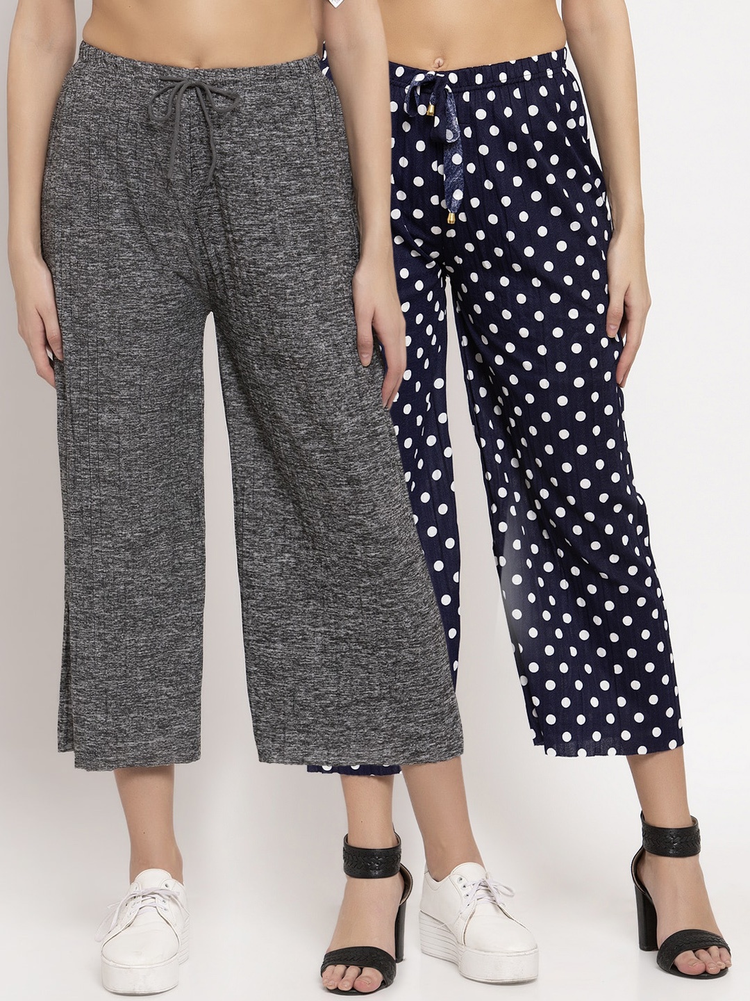 

KLOTTHE Women Pack Of 2 Printed Wide Leg Palazzos, Grey
