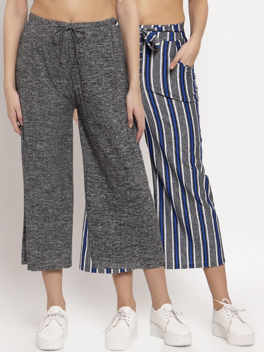 

KLOTTHE Women Grey & Blue Striped Wide Leg Palazzos Set of 2