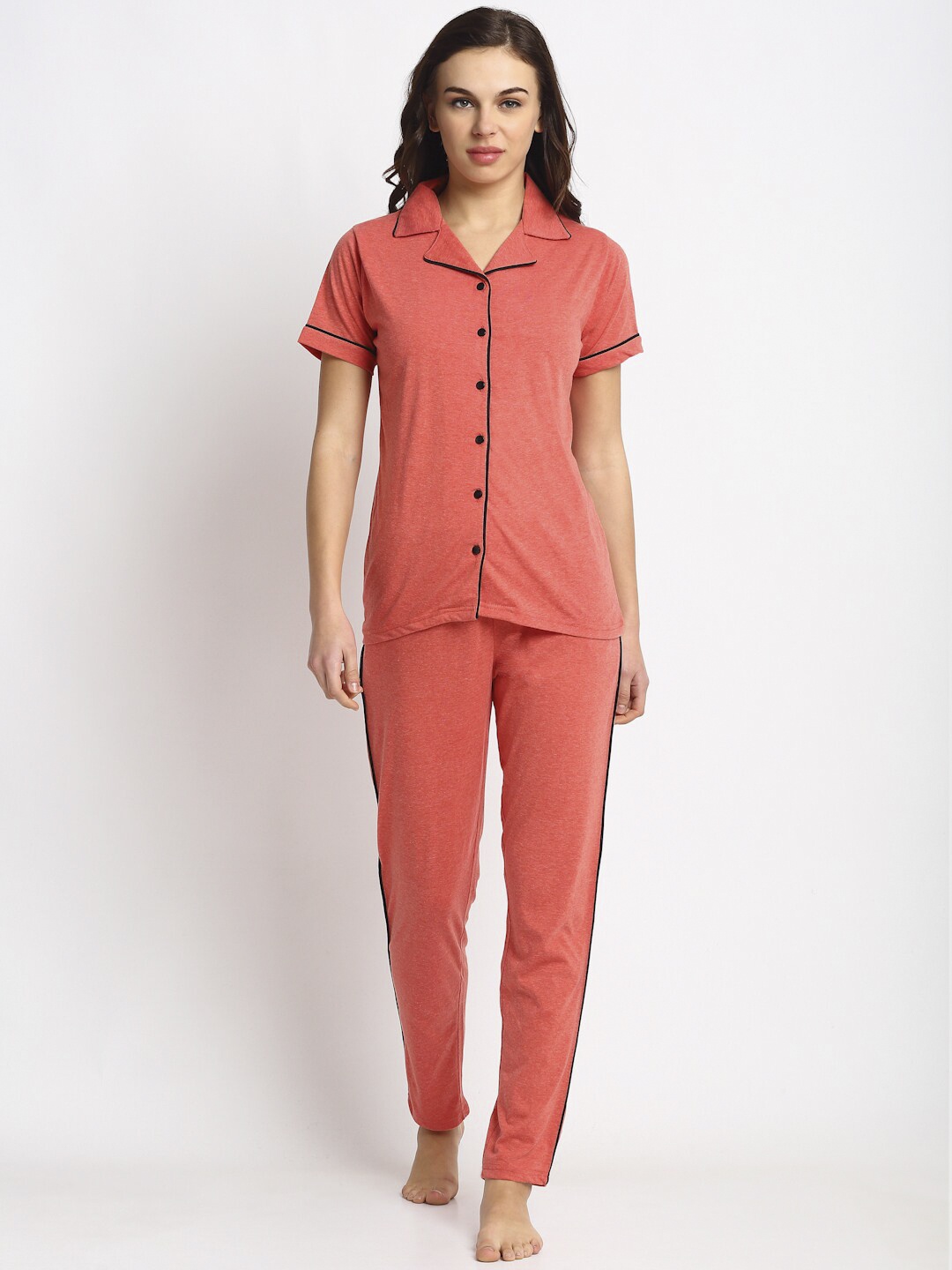 Boston Club Women Orange Solid Night suit
