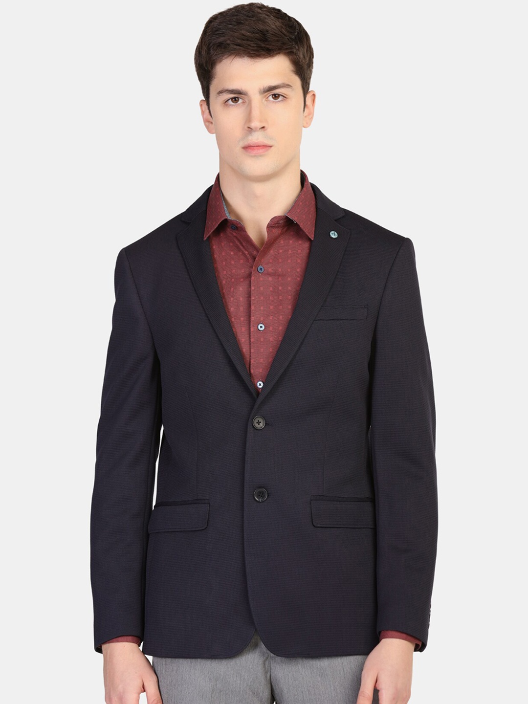Arrow Men Navy Blue Self-Design Slim-Fit Single-Breasted Formal Blazer