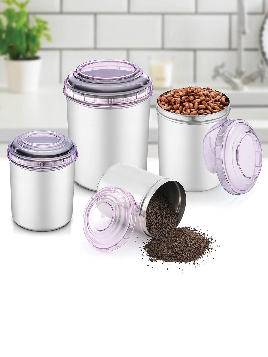 

Jensons Set Of 16 Purple & Silver-Toned Stainless Steel Canisters