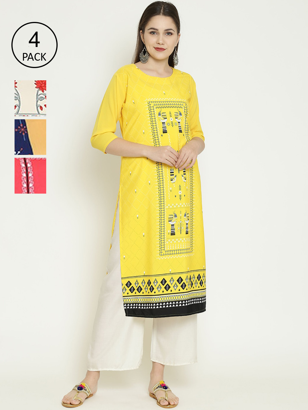 

7Threads Women Multicoloured Set of 4 Embroidered Crepe Straight Kurta, Multi