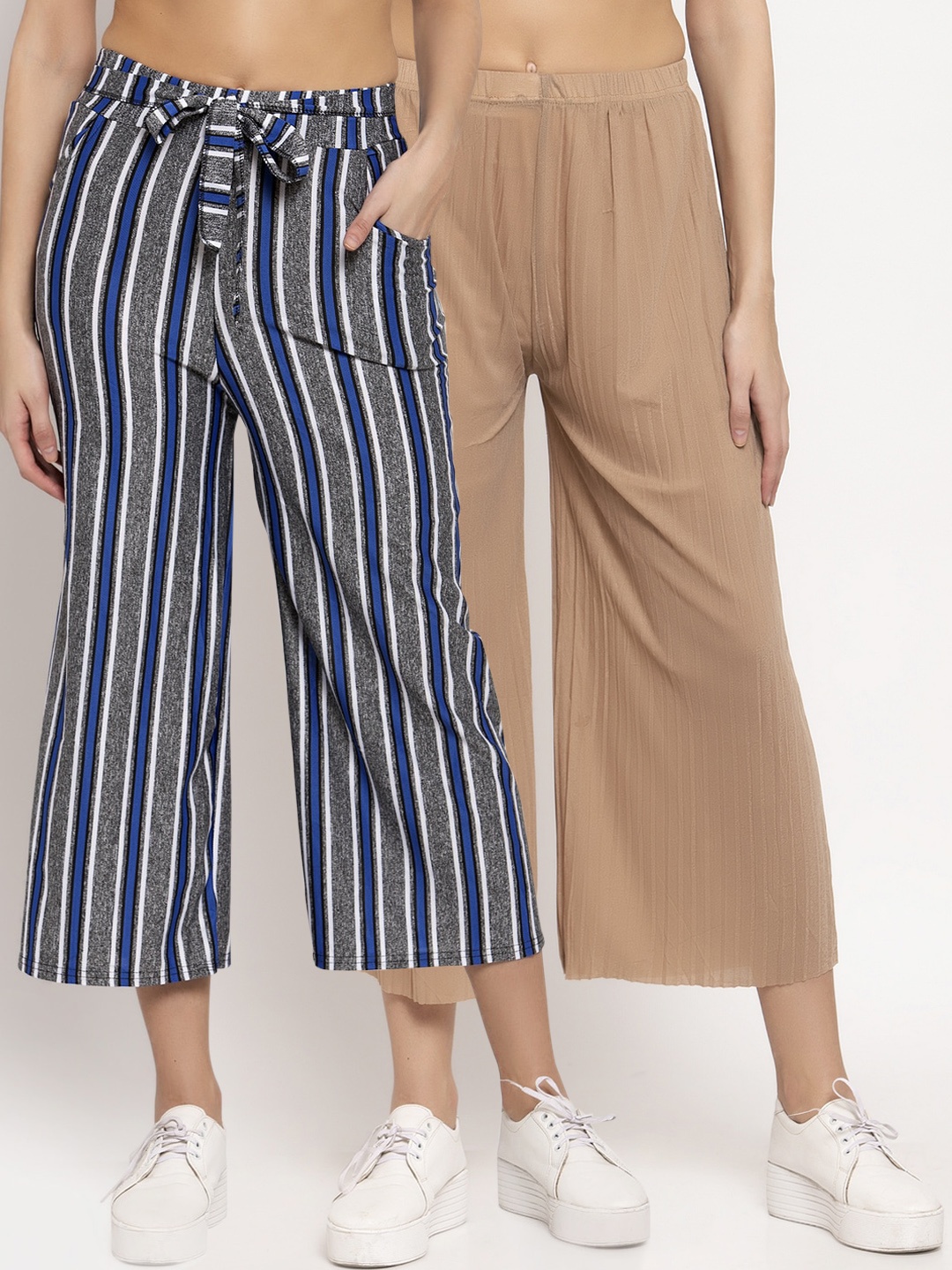 

KLOTTHE Women Pack Of 2 Grey & Taupe Striped Wide Leg Palazzos