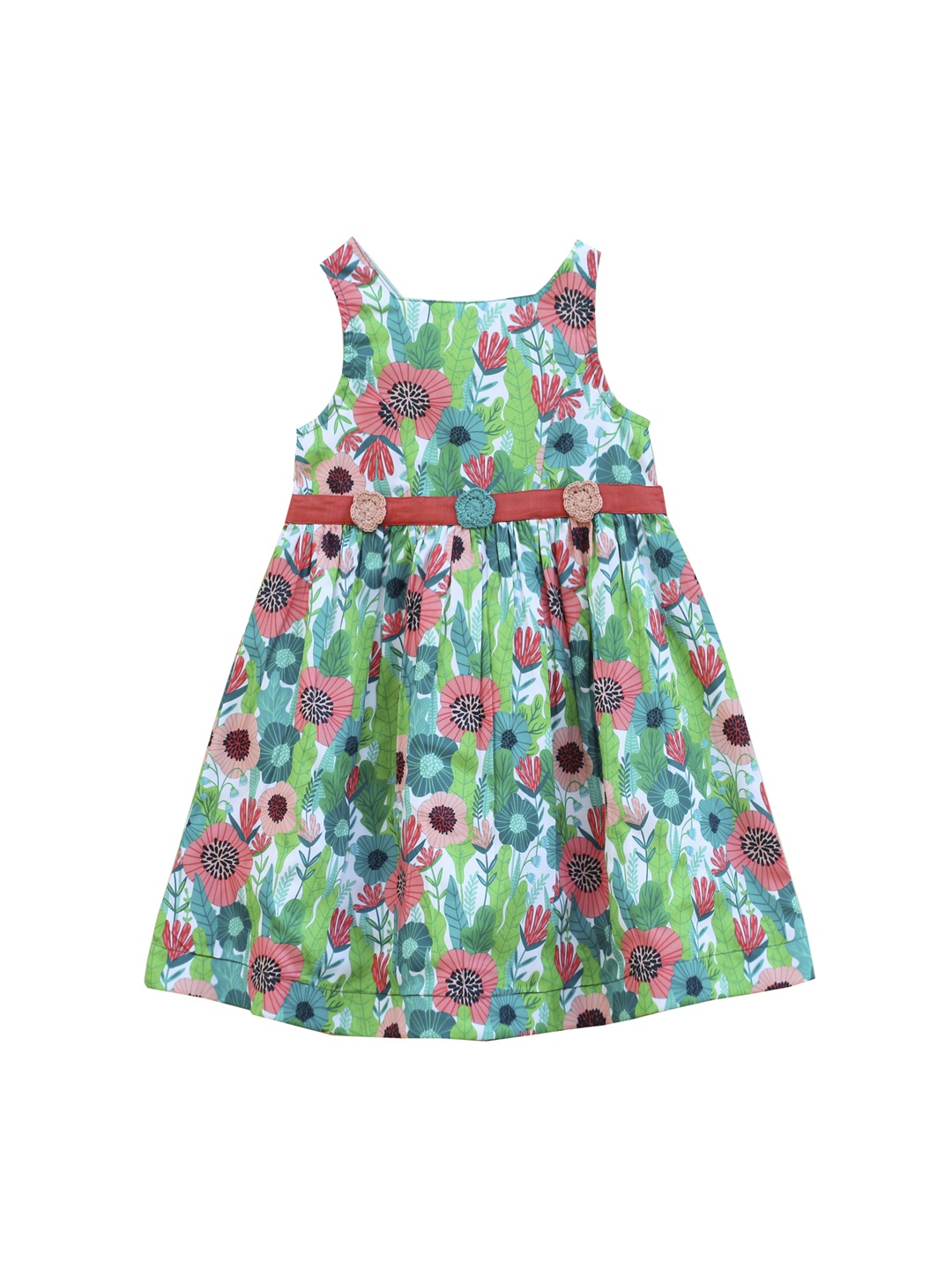 My Little Lambs Girls Green Floral Print Fit and Flare Dress