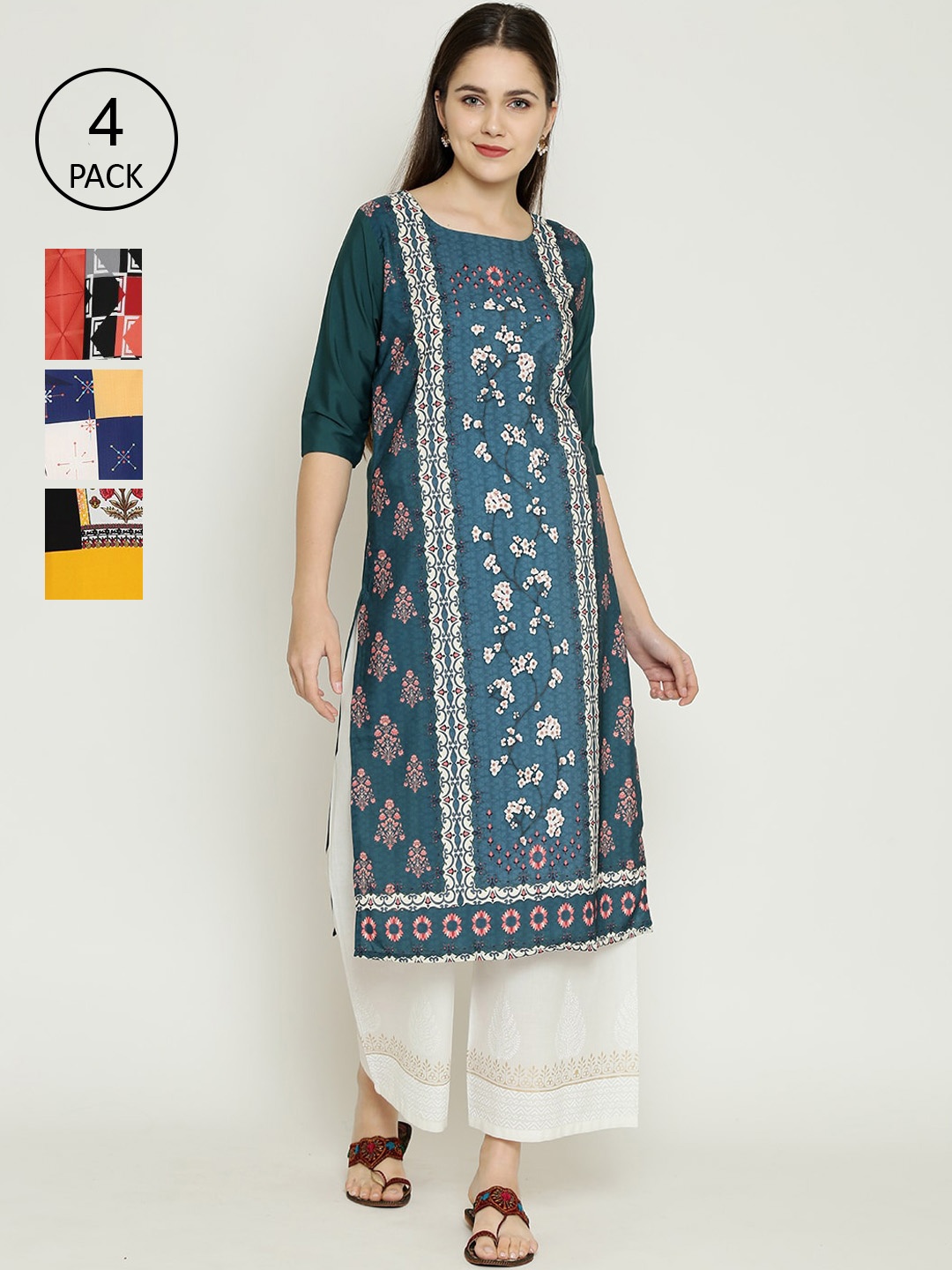 

7Threads Women Pack Of 4 Printed Crepe Kurta, Blue