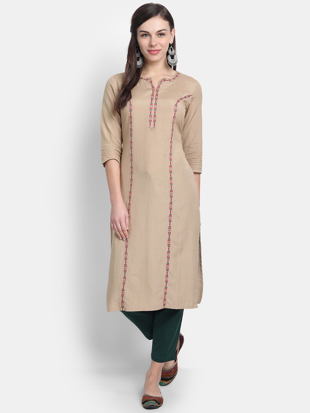 

fabGLOBAL Beige Geometric Embroidered Thread Work Handloom Kurta