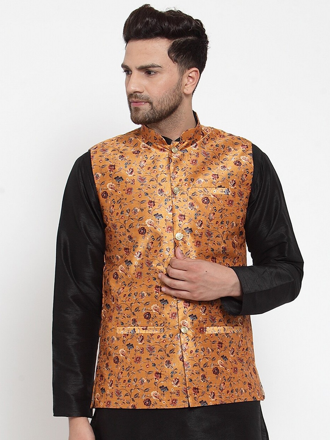 

GRACIT Men Mustard Yellow & Brown Printed Woven Nehru Jacket