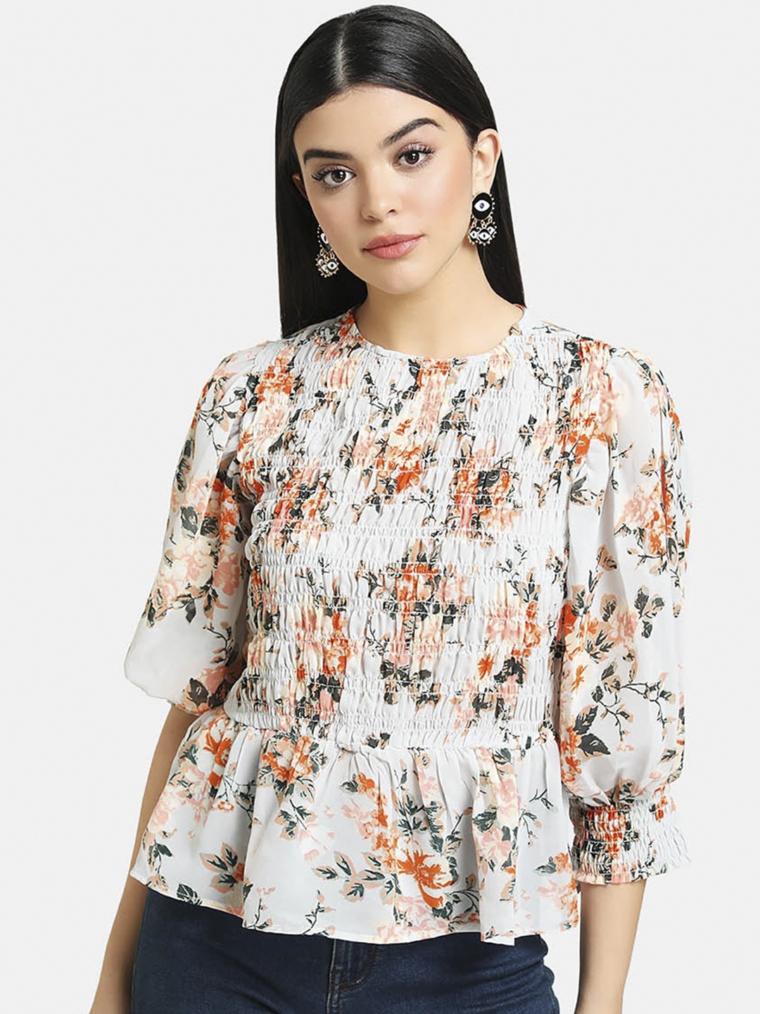 

Kazo Grey & Orange Floral Printed Round Neck Puff Sleeves Peplum Top