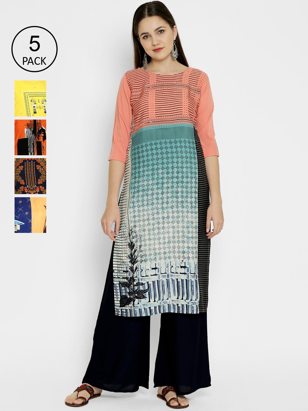 7Threads Pack Of 5 Ethnic Motifs Printed Crepe Kurta, Multi