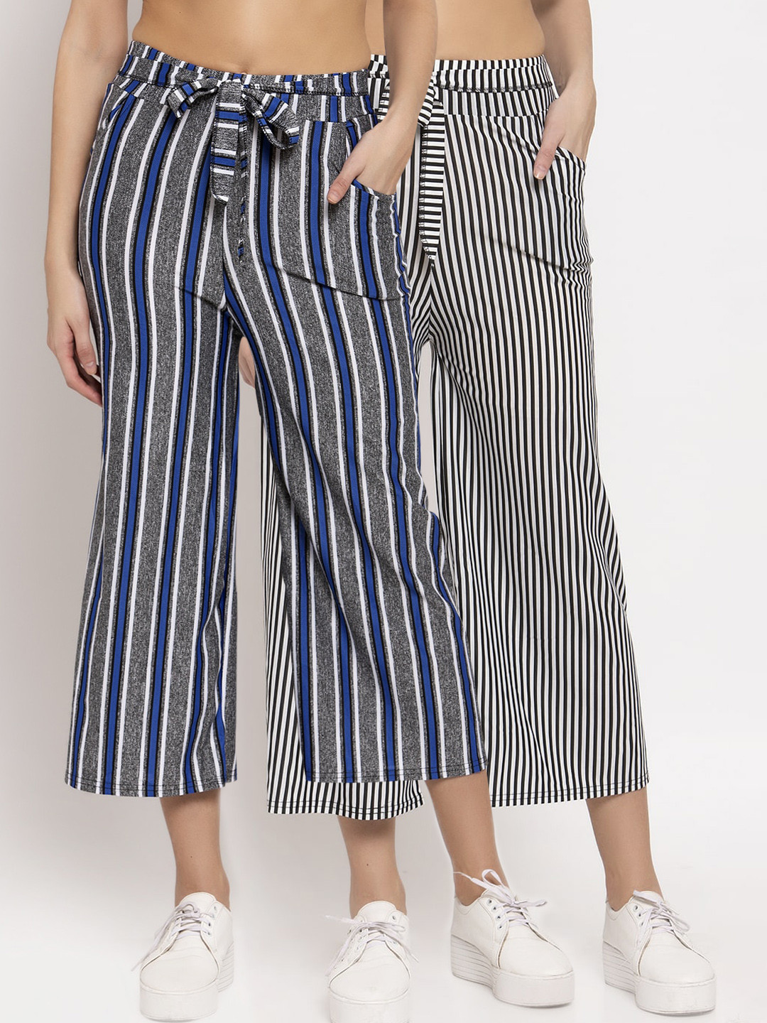 

KLOTTHE Women Pack of 2 White & Black Striped Wide Leg Palazzos