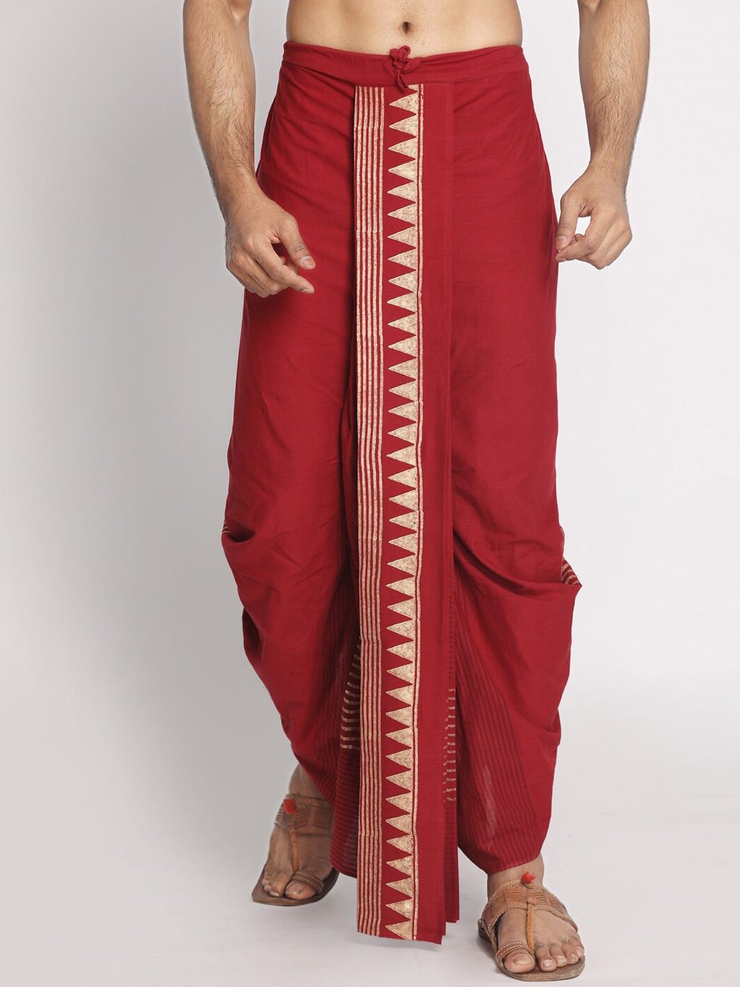 

Nakshi Men Red & Gold Hand Block Geometric Printed Stitched Dhoti