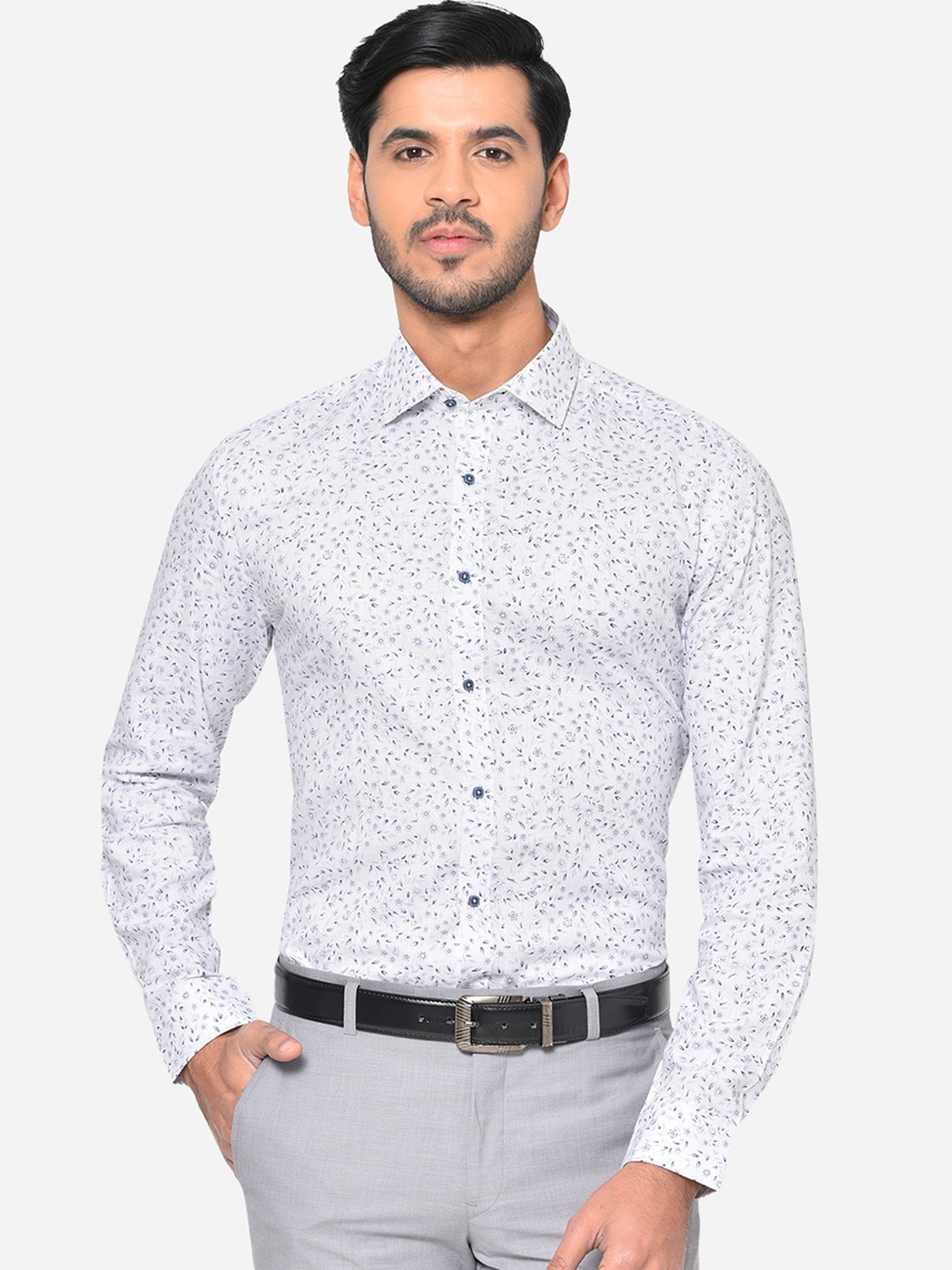 

JB STUDIO Men White & Blue Slim Fit Printed Cotton Formal Shirt