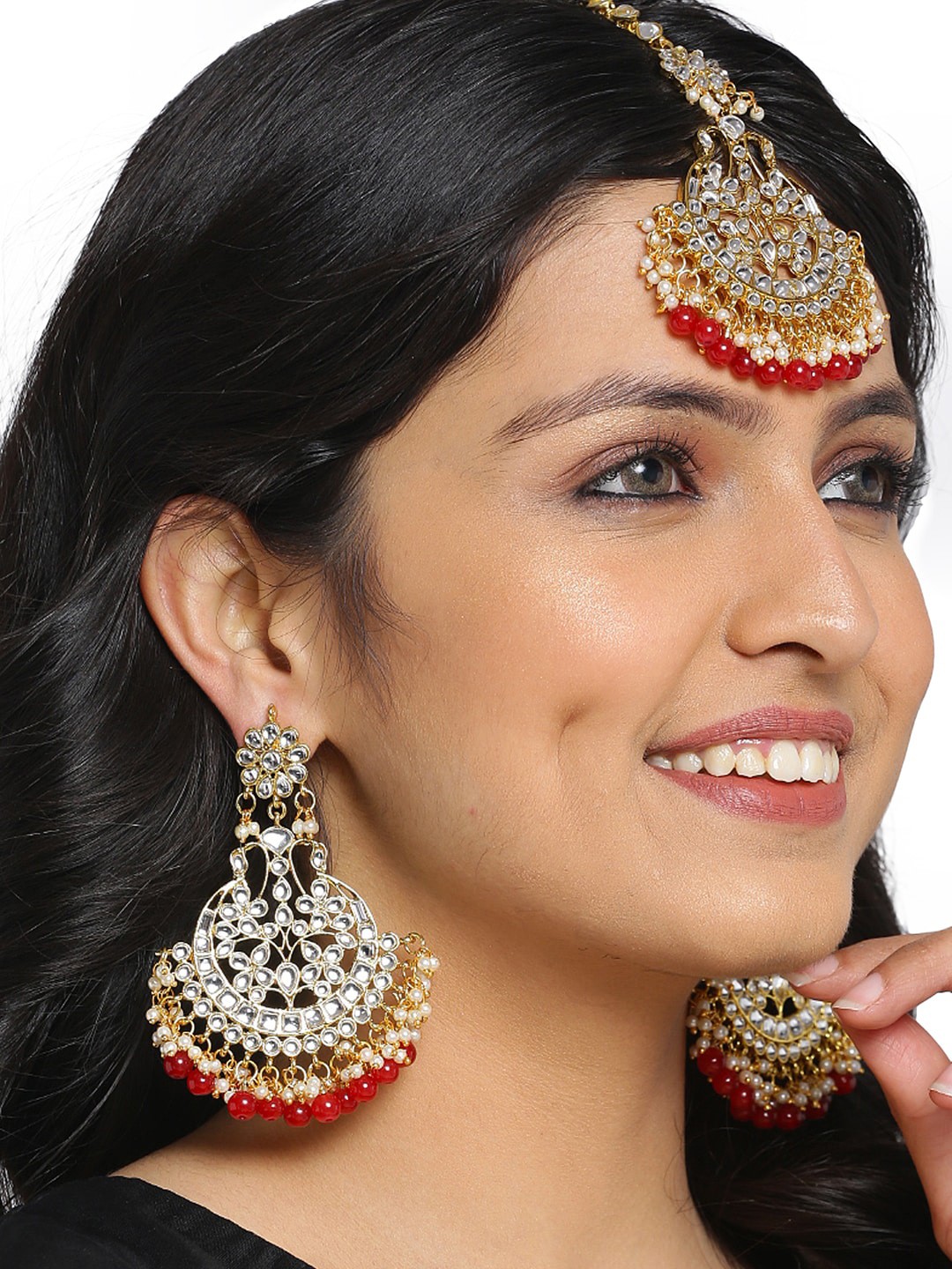 

Shining Diva Gold-Plated White & Red Kundan Stone-Studded & Beaded Antique Jewellery Set