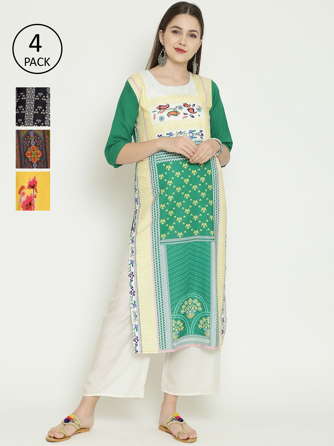

7Threads Women Multicoloured Set of 4 Printed Crepe Straight Kurta, Multi
