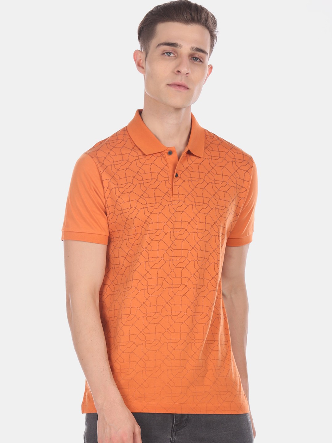 

Arrow New York Men Orange Printed Polo Collar Pure Cotton T-shirt