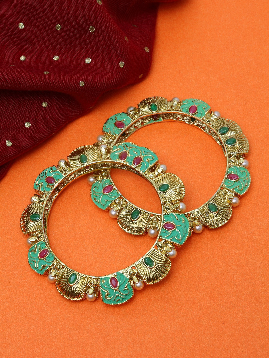 

Shining Diva Set Of 2 Gold-Plated Green & Red Stone-Studded Meenakari Bangles