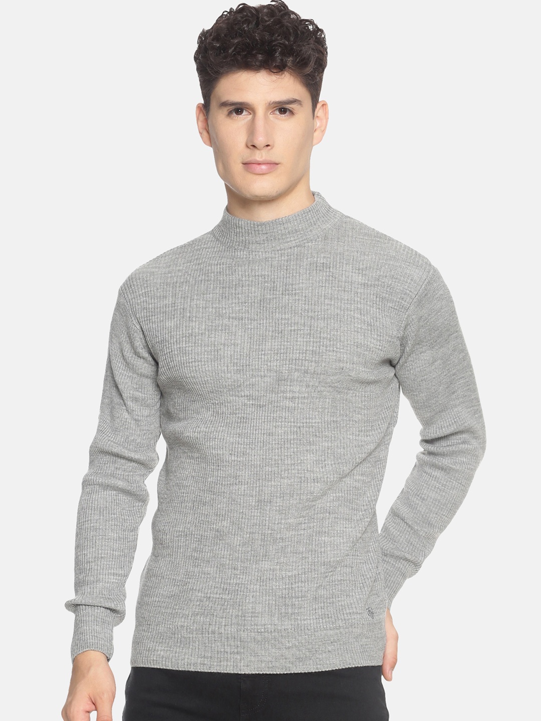 513 Men Grey Melange Self Design Pullover Sweater