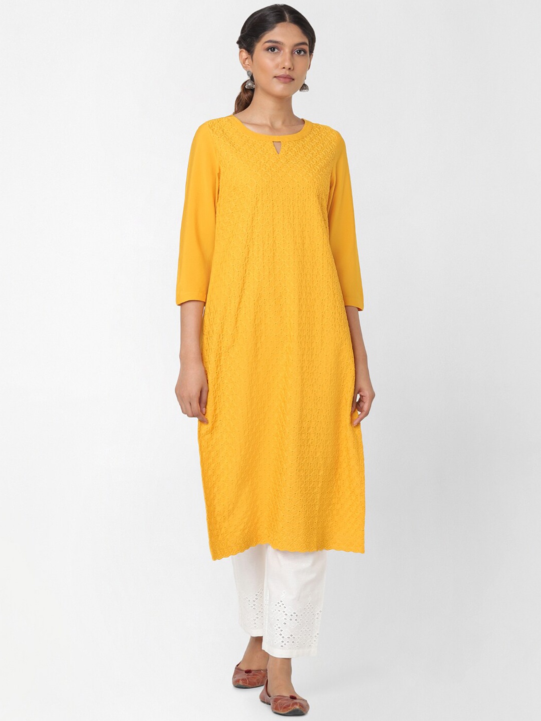 

Naari Women Yellow Keyhole Neck Crepe Kurta