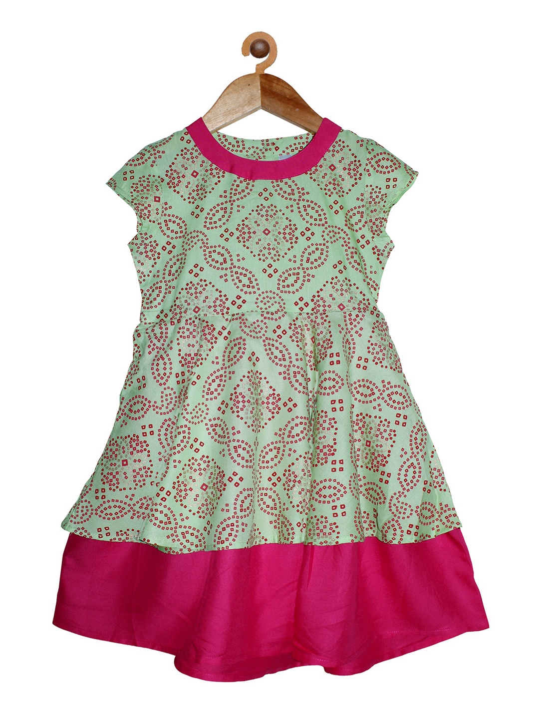 

KiddoPanti Girls Green & Pink Printed Fit and Flare Layered Dress