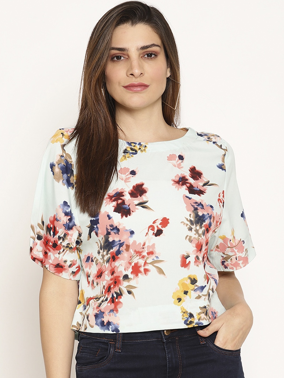 

Ruhaans Blue Floral Printed Flared Sleeves Crepe Regular Top