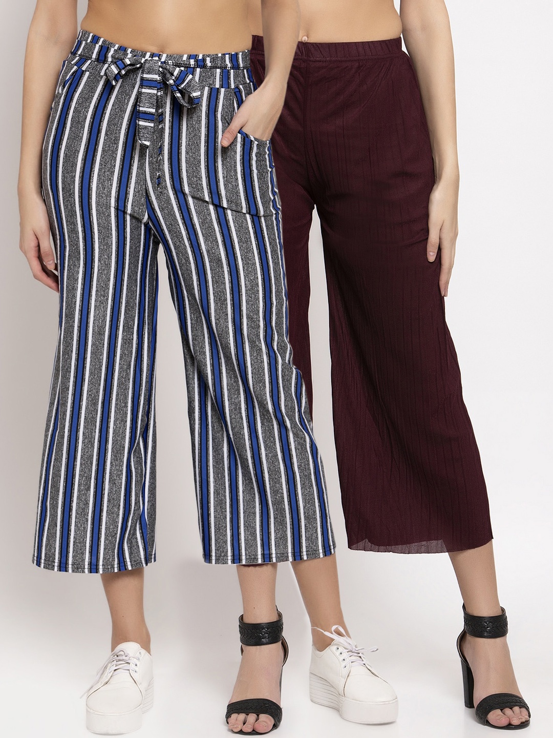 

KLOTTHE Women Pack of 2 Grey & Burgundy Striped Wide Leg Palazzos