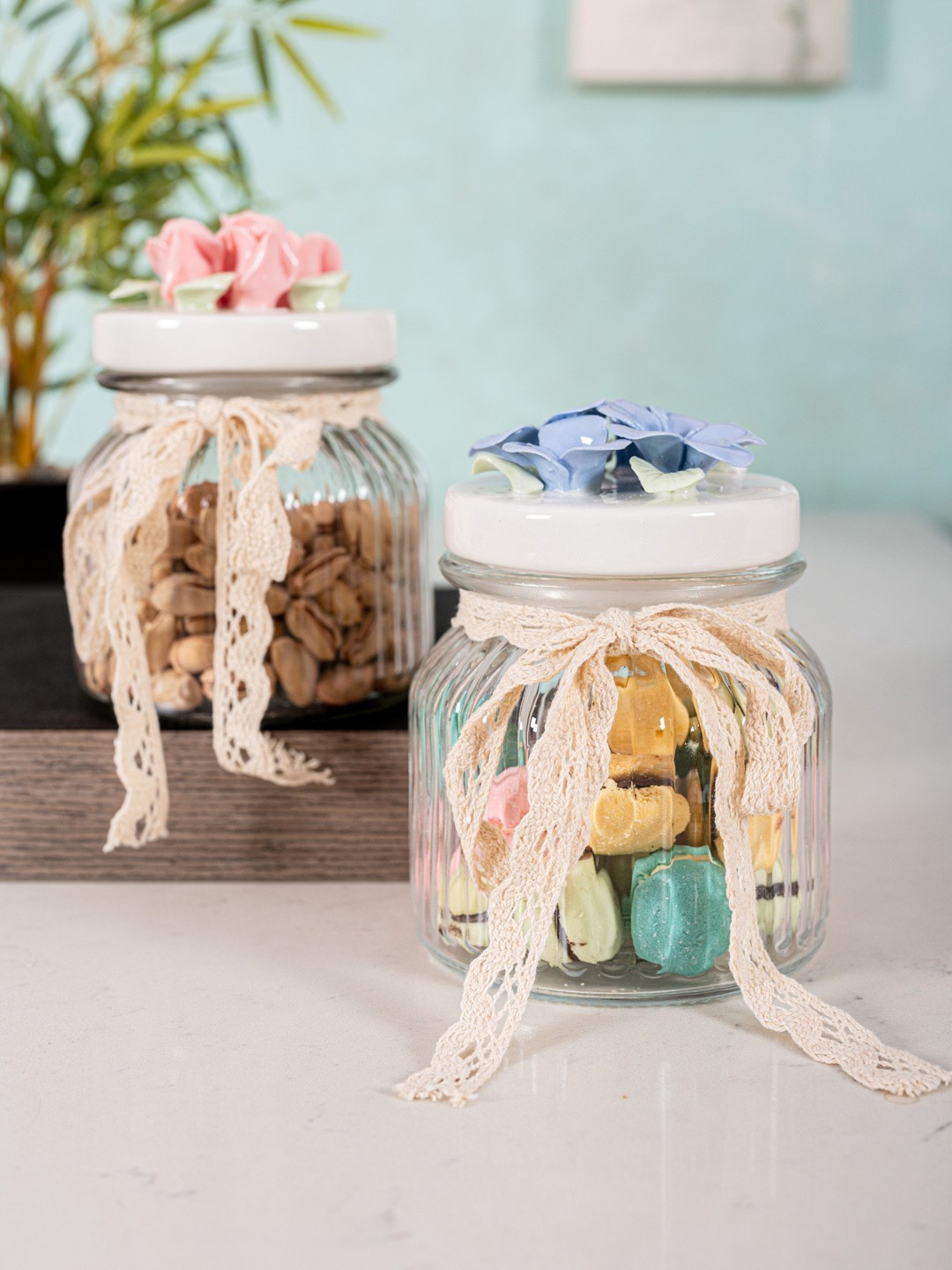 

White Gold Set Of 2 Transparent & White Glass Storage Jar With Figurine Ceramic Lid