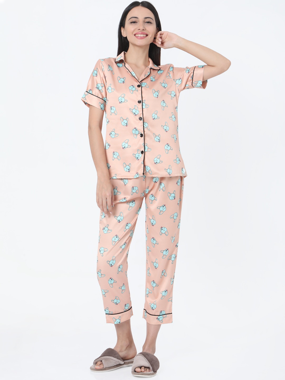

Smarty Pants Women Peach-Coloured & Blue Printed Night suit